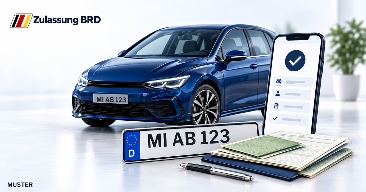 Online Fahrzeugzulassung in Hille: Musterkennzeichen MI AB 123, Auto und Fahrzeugpapiere und Smartphone. Illustration mit Logo von Zulassung BRD.